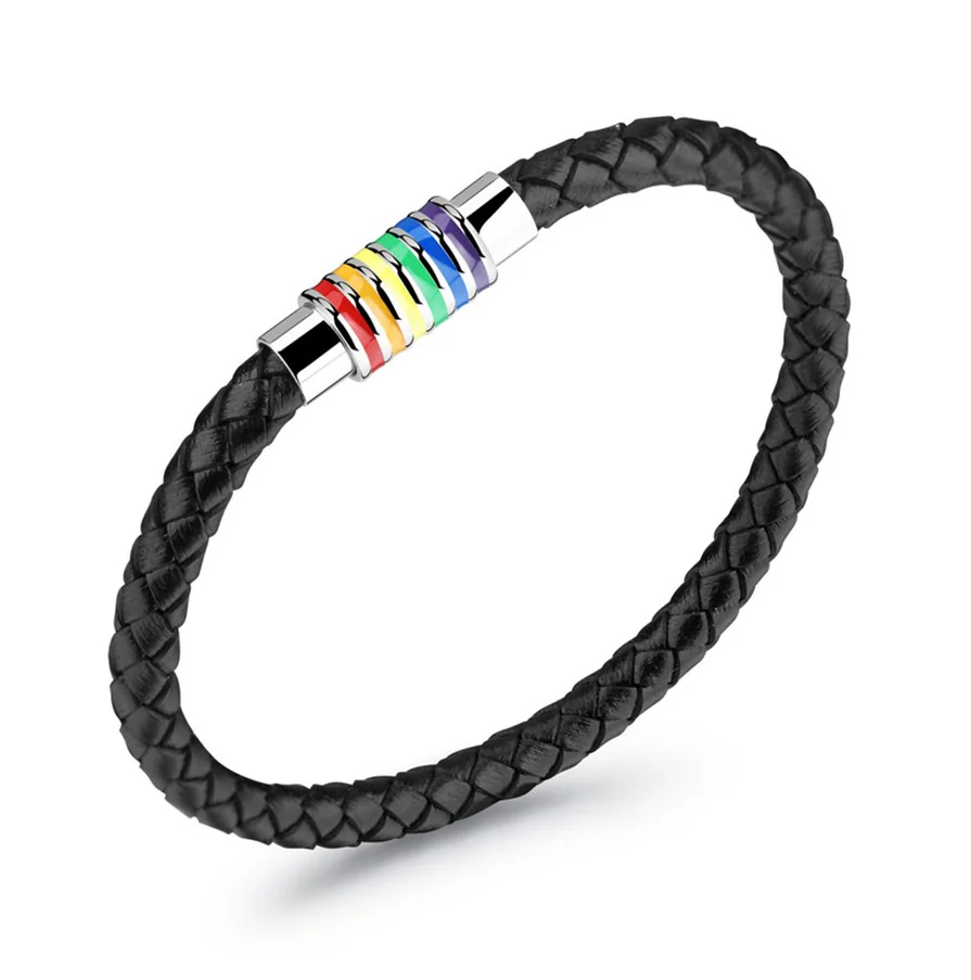Black Leather Rainbow Bracelet