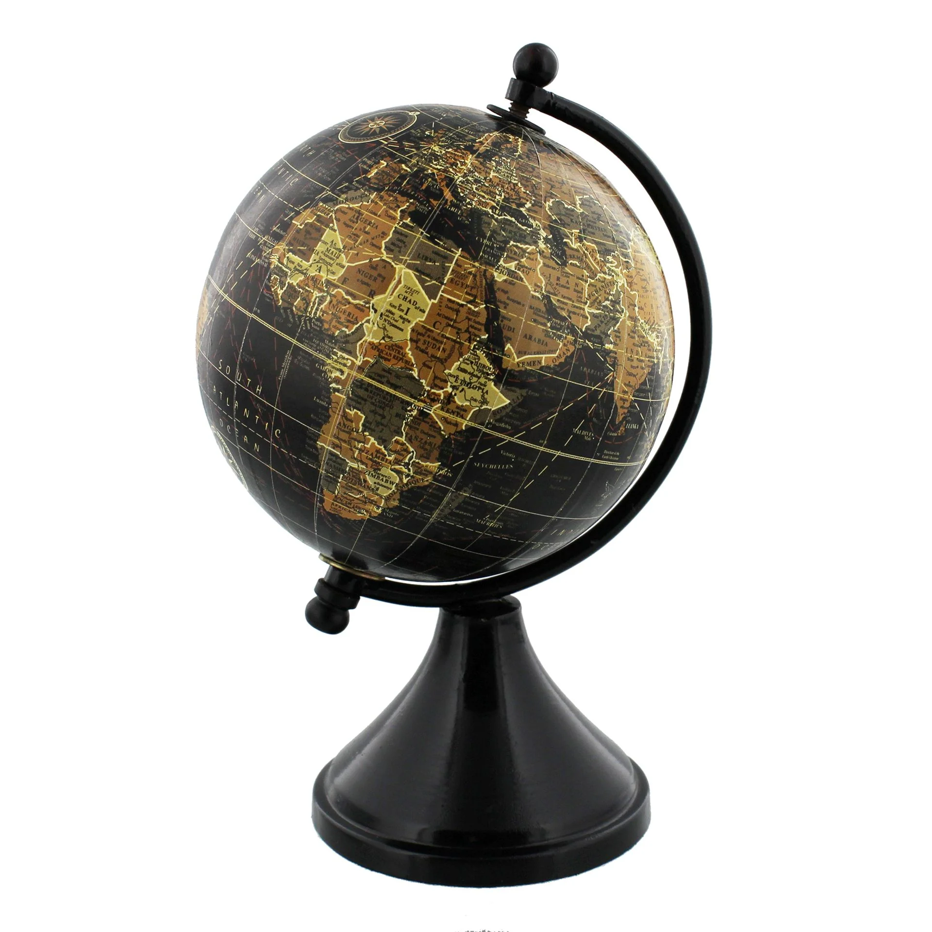 Black Metal Globe with Wooden Base